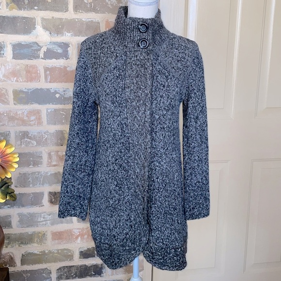 PrAna Angelica Charcoal Gray Long Cardigan Sweater Contrast Wool Mohair Trim LRG - Picture 6 of 16